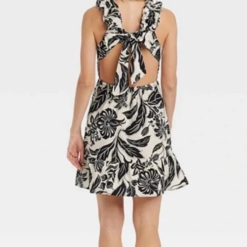 Women's Cotton Black and White/Cream Floral Summer Dress Cut Out Back, XSmall